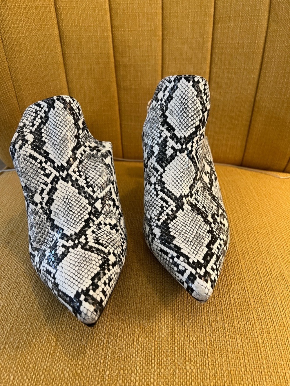 Wild Pair Black & White Snakeskin Pointed Toe Mules